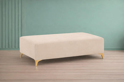 Adorn India Premium Luster 8 Seater L Shape Sofa Set with 2 Puffy & 1 Center Table | Velvet Suede Fabric | 3-Year Warranty | RHS | Cream with Golden Legs & Striped Pattern Cushion