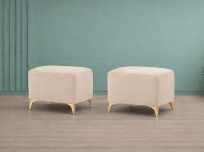 Adorn India Premium Luster 8 Seater L Shape Sofa Set with 2 Puffy & 1 Center Table | Velvet Suede Fabric | 3-Year Warranty | RHS | Cream with Golden Legs & Striped Pattern Cushion