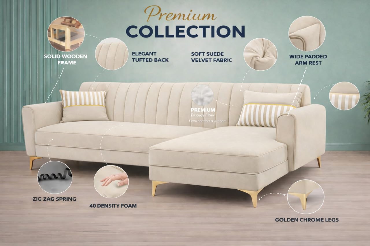 Adorn India Premium Luster 8 Seater L Shape Sofa Set with 2 Puffy & 1 Center Table | Velvet Suede Fabric | 3-Year Warranty | RHS | Cream with Golden Legs & Striped Pattern Cushion