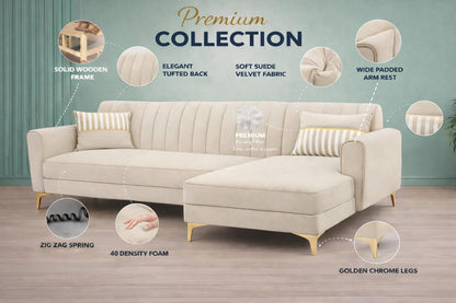 Adorn India Premium Luster 8 Seater L Shape Sofa Set with 2 Puffy & 1 Center Table | Velvet Suede Fabric | 3-Year Warranty | RHS | Cream with Golden Legs & Striped Pattern Cushion