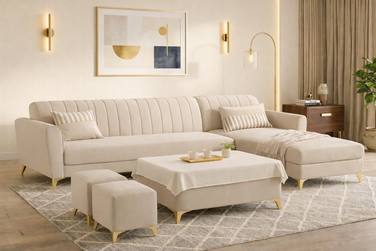 Adorn India Premium Luster 8 Seater L Shape Sofa Set with 2 Puffy & 1 Center Table | Velvet Suede Fabric | 3-Year Warranty | RHS | Cream with Golden Legs & Striped Pattern Cushion