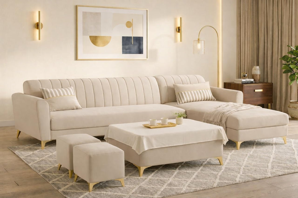 Premium Luster 8 Seater L Shape Sofa Set with 2 Puffy & 1 Center Table | Velvet Suede Fabric | 3-Year Warranty | RHS | Cream with Golden Legs & Striped Pattern Cushion