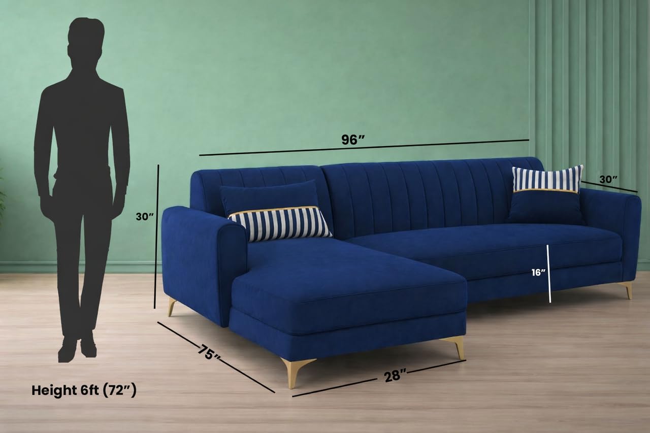 Adorn India Premium Luster 8 Seater L Shape Sofa Set with 2 Puffy & 1 Center Table | Velvet Suede Fabric | 3-Year Warranty | LHS | Blue with Golden Legs & Striped Pattern Cushion