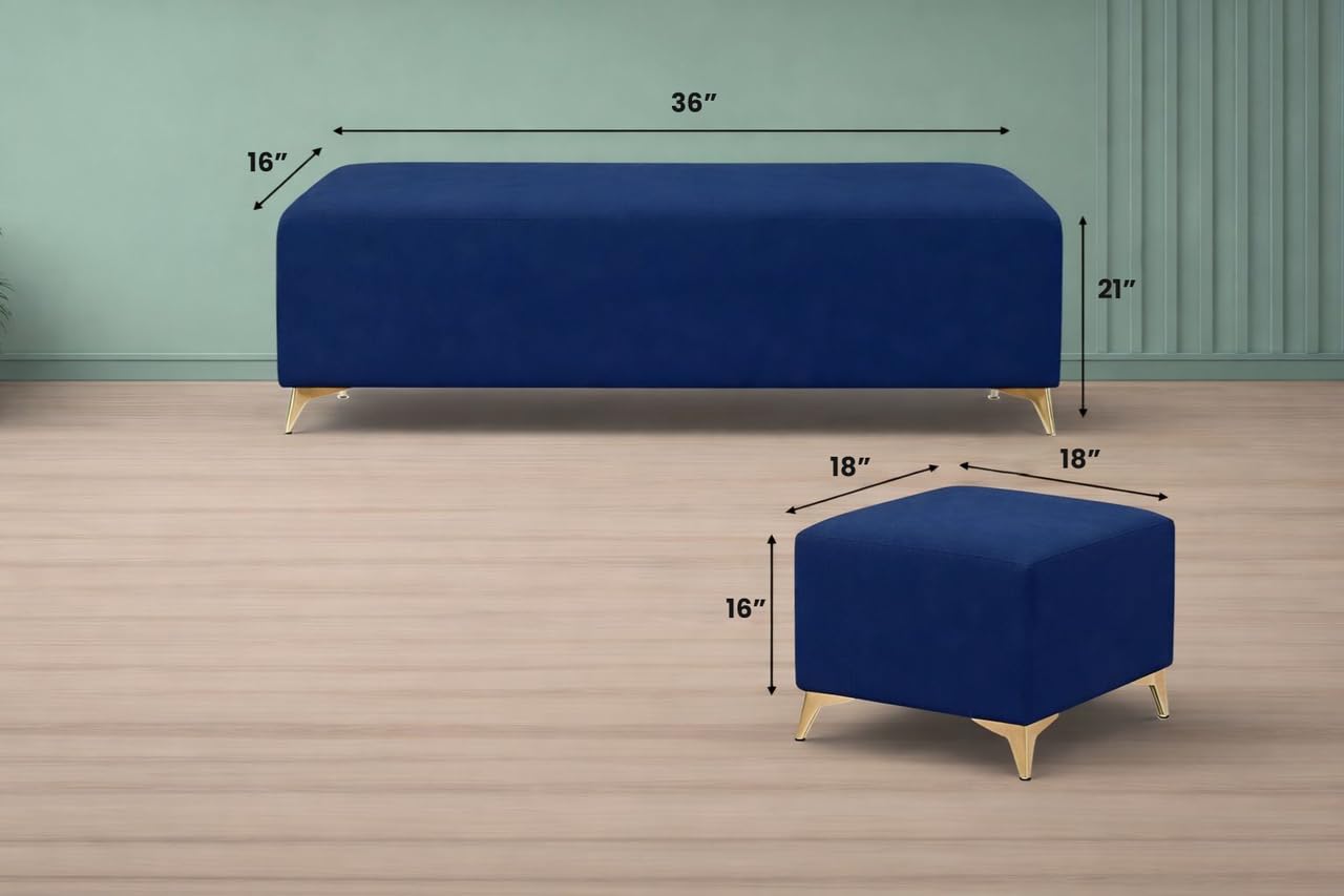 Adorn India Premium Luster 8 Seater L Shape Sofa Set with 2 Puffy & 1 Center Table | Velvet Suede Fabric | 3-Year Warranty | LHS | Blue with Golden Legs & Striped Pattern Cushion