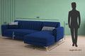 Adorn India Premium Luster 8 Seater L Shape Sofa Set with 2 Puffy & 1 Center Table | Velvet Suede Fabric | 3-Year Warranty | RHS | Blue with Golden Legs & Striped Pattern Cushion