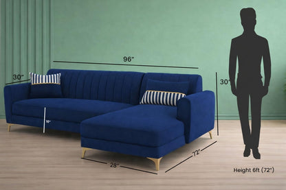 Adorn India Premium Luster 8 Seater L Shape Sofa Set with 2 Puffy & 1 Center Table | Velvet Suede Fabric | 3-Year Warranty | RHS | Blue with Golden Legs & Striped Pattern Cushion