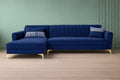 Adorn India Premium Luster 8 Seater L Shape Sofa Set with 2 Puffy & 1 Center Table | Velvet Suede Fabric | 3-Year Warranty | LHS | Blue with Golden Legs & Striped Pattern Cushion