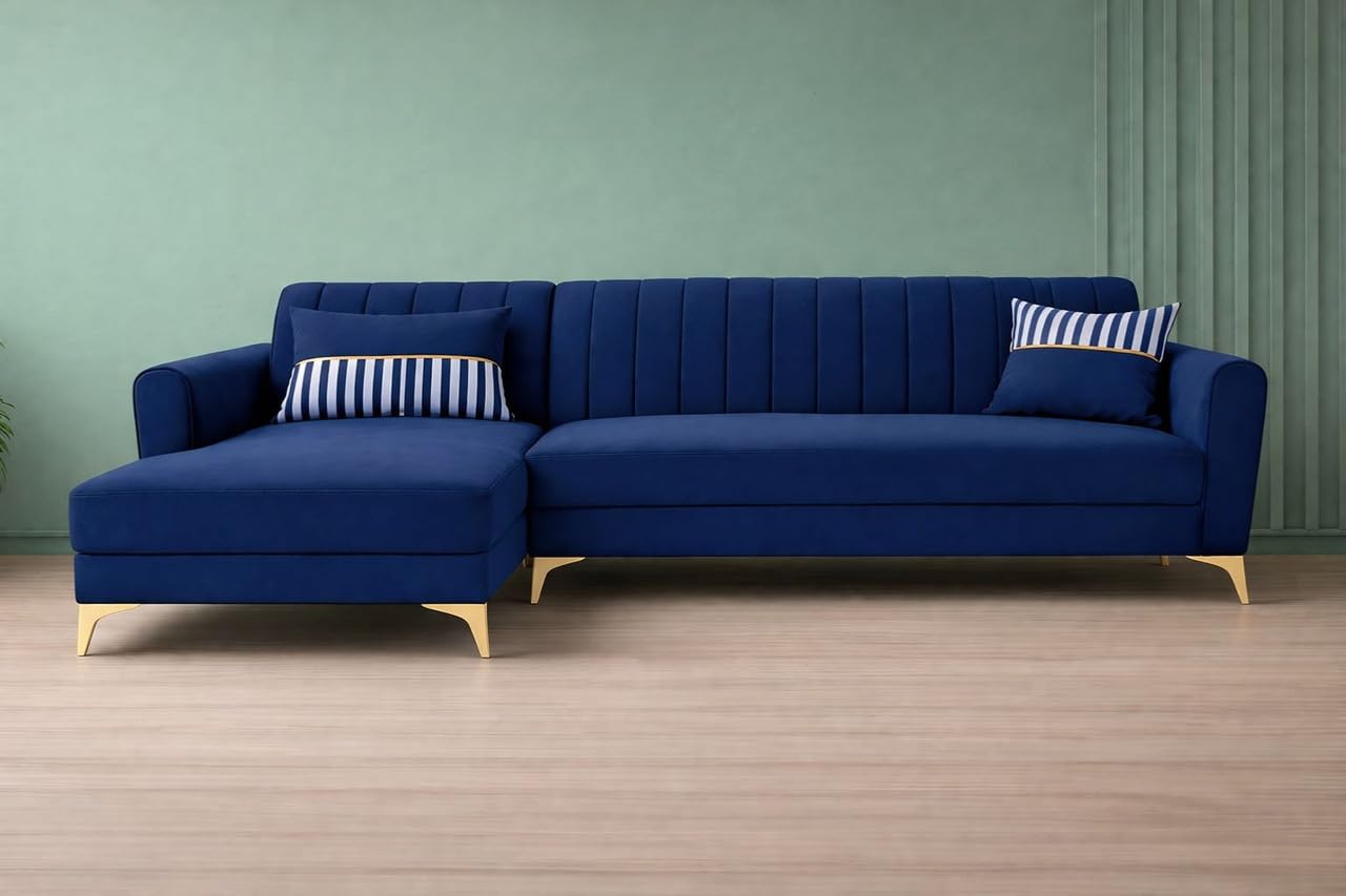 Adorn India Premium Luster 8 Seater L Shape Sofa Set with 2 Puffy & 1 Center Table | Velvet Suede Fabric | 3-Year Warranty | LHS | Blue with Golden Legs & Striped Pattern Cushion