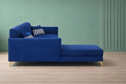 Adorn India Premium Luster 8 Seater L Shape Sofa Set with 2 Puffy & 1 Center Table | Velvet Suede Fabric | 3-Year Warranty | LHS | Blue with Golden Legs & Striped Pattern Cushion