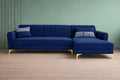 Adorn India Premium Luster 8 Seater L Shape Sofa Set with 2 Puffy & 1 Center Table | Velvet Suede Fabric | 3-Year Warranty | RHS | Blue with Golden Legs & Striped Pattern Cushion