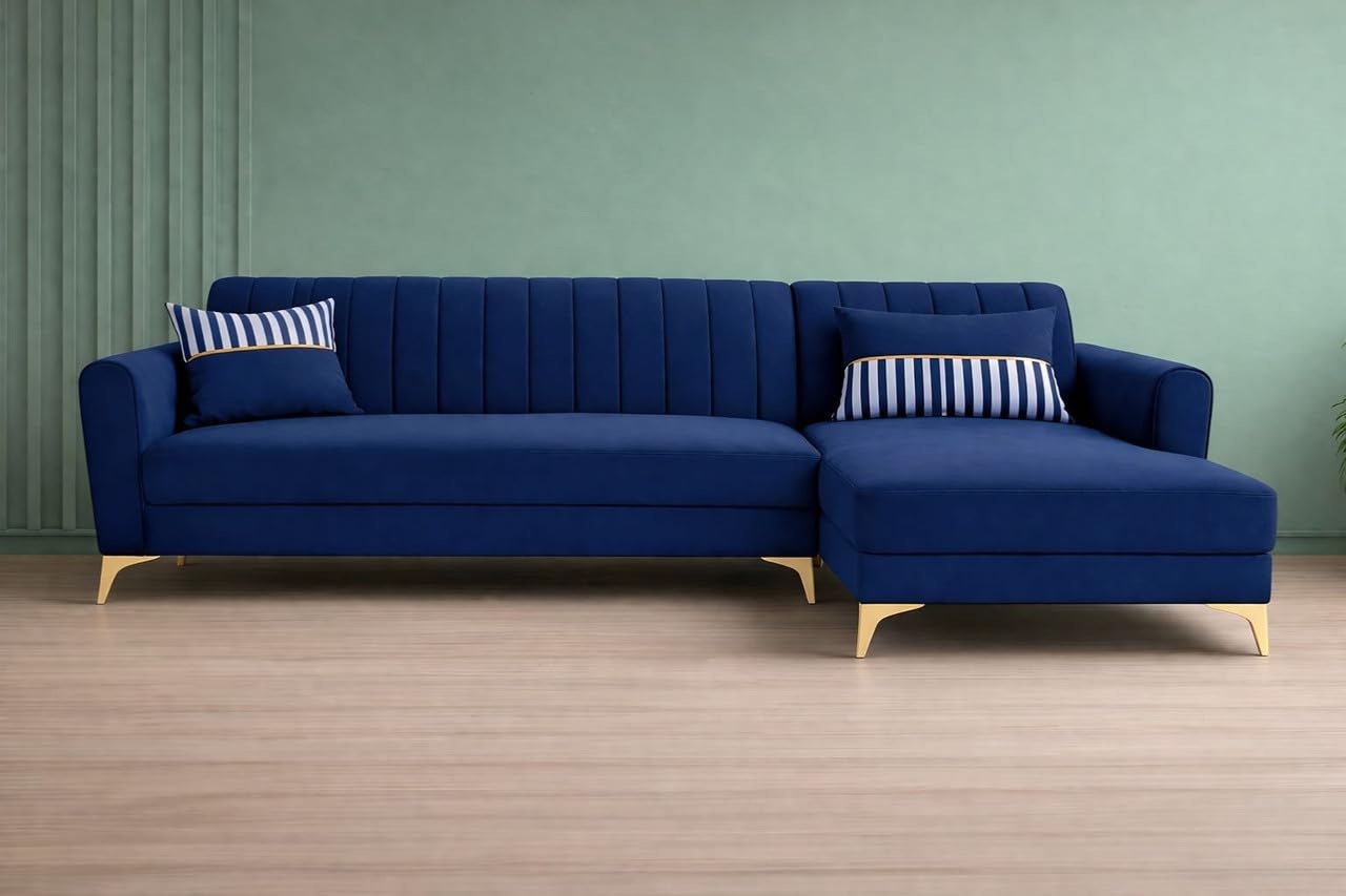 Adorn India Premium Luster 8 Seater L Shape Sofa Set with 2 Puffy & 1 Center Table | Velvet Suede Fabric | 3-Year Warranty | RHS | Blue with Golden Legs & Striped Pattern Cushion