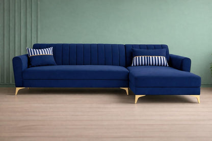 Adorn India Premium Luster 8 Seater L Shape Sofa Set with 2 Puffy & 1 Center Table | Velvet Suede Fabric | 3-Year Warranty | RHS | Blue with Golden Legs & Striped Pattern Cushion