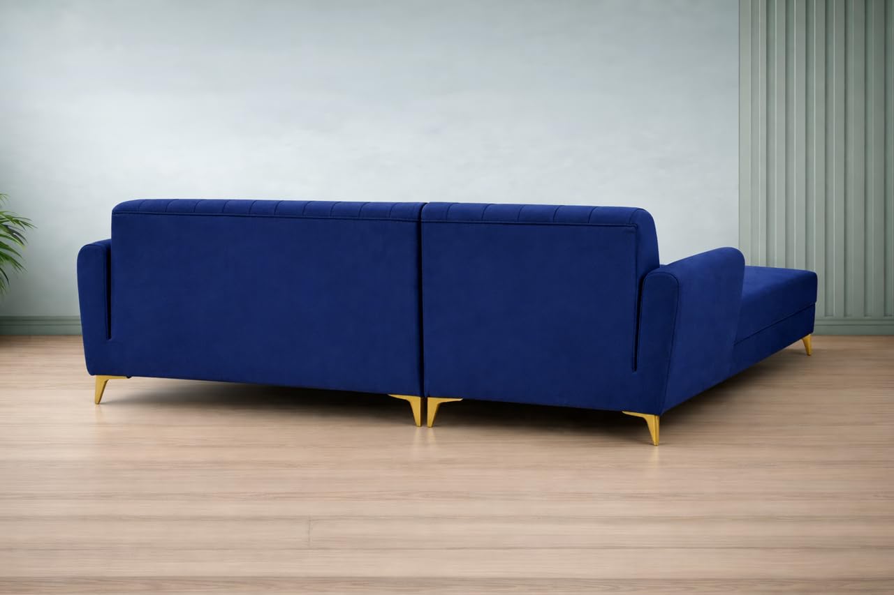 Adorn India Premium Luster 8 Seater L Shape Sofa Set with 2 Puffy & 1 Center Table | Velvet Suede Fabric | 3-Year Warranty | LHS | Blue with Golden Legs & Striped Pattern Cushion