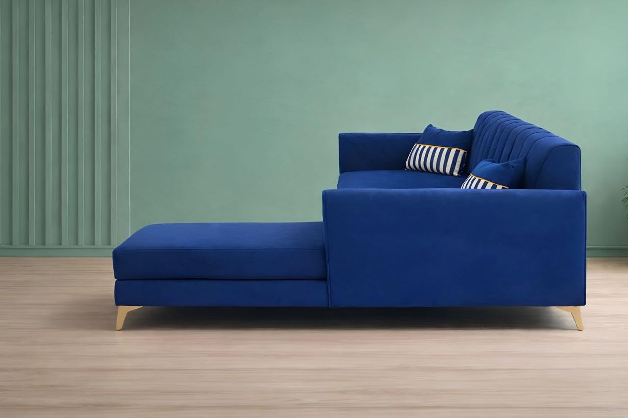 Adorn India Premium Luster 8 Seater L Shape Sofa Set with 2 Puffy & 1 Center Table | Velvet Suede Fabric | 3-Year Warranty | RHS | Blue with Golden Legs & Striped Pattern Cushion