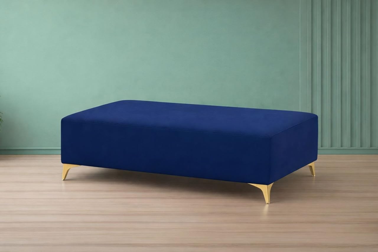 Adorn India Premium Luster 8 Seater L Shape Sofa Set with 2 Puffy & 1 Center Table | Velvet Suede Fabric | 3-Year Warranty | LHS | Blue with Golden Legs & Striped Pattern Cushion