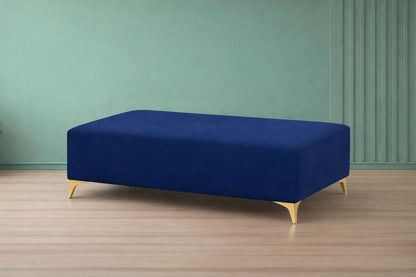Adorn India Premium Luster 8 Seater L Shape Sofa Set with 2 Puffy & 1 Center Table | Velvet Suede Fabric | 3-Year Warranty | LHS | Blue with Golden Legs & Striped Pattern Cushion
