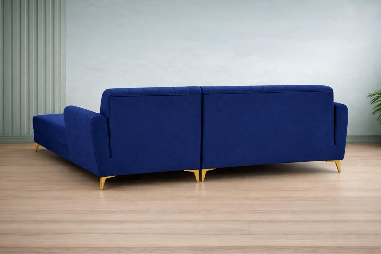 Adorn India Premium Luster 8 Seater L Shape Sofa Set with 2 Puffy & 1 Center Table | Velvet Suede Fabric | 3-Year Warranty | RHS | Blue with Golden Legs & Striped Pattern Cushion