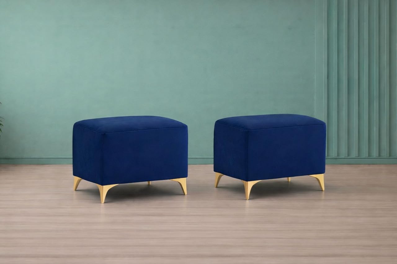 Adorn India Premium Luster 8 Seater L Shape Sofa Set with 2 Puffy & 1 Center Table | Velvet Suede Fabric | 3-Year Warranty | LHS | Blue with Golden Legs & Striped Pattern Cushion