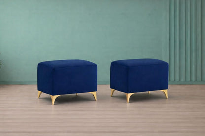 Adorn India Premium Luster 8 Seater L Shape Sofa Set with 2 Puffy & 1 Center Table | Velvet Suede Fabric | 3-Year Warranty | LHS | Blue with Golden Legs & Striped Pattern Cushion