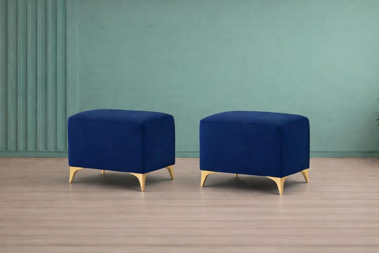 Adorn India Premium Luster 8 Seater L Shape Sofa Set with 2 Puffy & 1 Center Table | Velvet Suede Fabric | 3-Year Warranty | RHS | Blue with Golden Legs & Striped Pattern Cushion