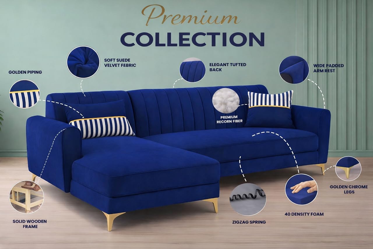 Adorn India Premium Luster 8 Seater L Shape Sofa Set with 2 Puffy & 1 Center Table | Velvet Suede Fabric | 3-Year Warranty | LHS | Blue with Golden Legs & Striped Pattern Cushion