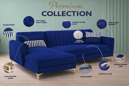 Adorn India Premium Luster 8 Seater L Shape Sofa Set with 2 Puffy & 1 Center Table | Velvet Suede Fabric | 3-Year Warranty | LHS | Blue with Golden Legs & Striped Pattern Cushion
