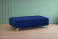 Adorn India Premium Luster 8 Seater L Shape Sofa Set with 2 Puffy & 1 Center Table | Velvet Suede Fabric | 3-Year Warranty | RHS | Blue with Golden Legs & Striped Pattern Cushion