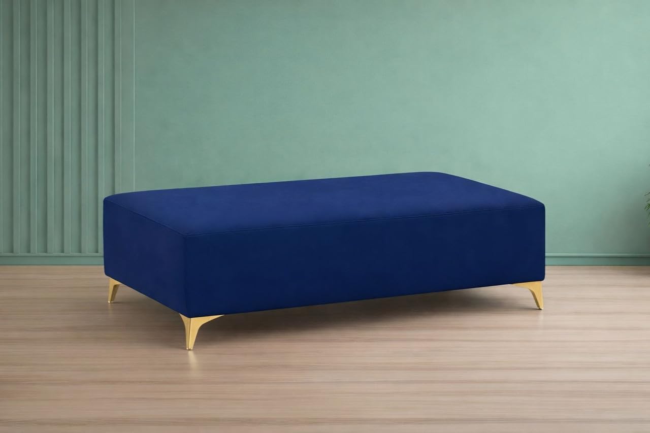 Adorn India Premium Luster 8 Seater L Shape Sofa Set with 2 Puffy & 1 Center Table | Velvet Suede Fabric | 3-Year Warranty | RHS | Blue with Golden Legs & Striped Pattern Cushion