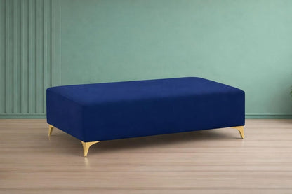 Adorn India Premium Luster 8 Seater L Shape Sofa Set with 2 Puffy & 1 Center Table | Velvet Suede Fabric | 3-Year Warranty | RHS | Blue with Golden Legs & Striped Pattern Cushion