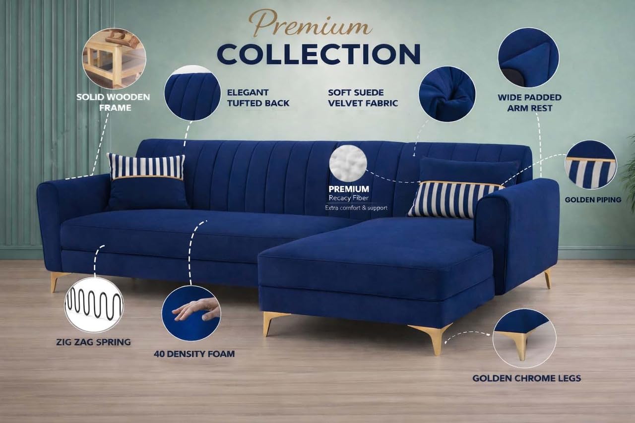 Adorn India Premium Luster 8 Seater L Shape Sofa Set with 2 Puffy & 1 Center Table | Velvet Suede Fabric | 3-Year Warranty | RHS | Blue with Golden Legs & Striped Pattern Cushion
