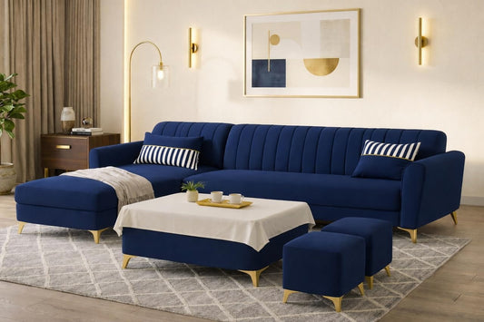 Adorn India Premium Luster 8 Seater L Shape Sofa Set with 2 Puffy & 1 Center Table | Velvet Suede Fabric | 3-Year Warranty | LHS | Blue with Golden Legs & Striped Pattern Cushion