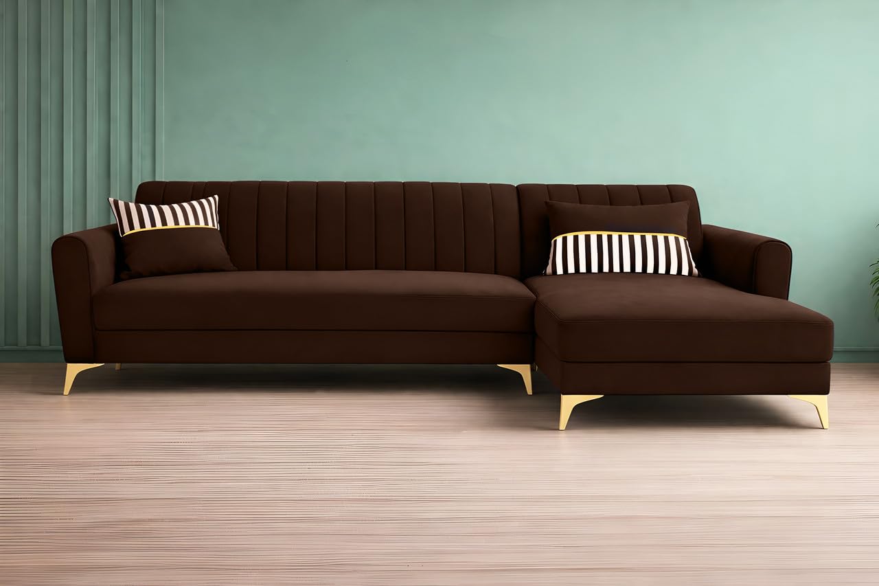 Adorn India Premium Luster 8 Seater L Shape Sofa Set with 2 Puffy & 1 Center Table | Velvet Suede Fabric | 3-Year Warranty | RHS | Brown with Golden Legs & Striped Pattern Cushion