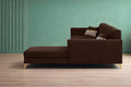 Adorn India Premium Luster 8 Seater L Shape Sofa Set with 2 Puffy & 1 Center Table | Velvet Suede Fabric | 3-Year Warranty | RHS | Brown with Golden Legs & Striped Pattern Cushion