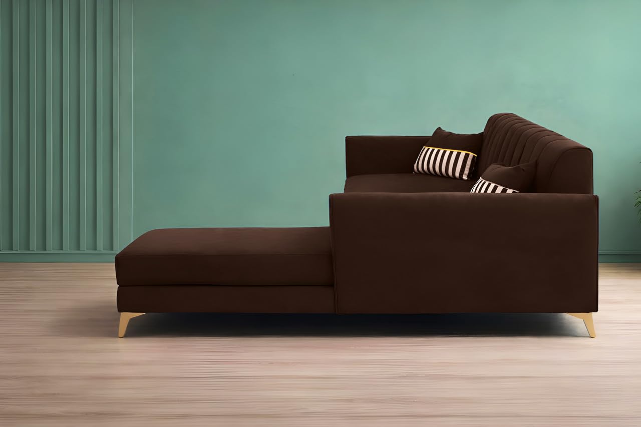 Adorn India Premium Luster 8 Seater L Shape Sofa Set with 2 Puffy & 1 Center Table | Velvet Suede Fabric | 3-Year Warranty | RHS | Brown with Golden Legs & Striped Pattern Cushion