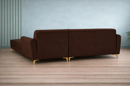Adorn India Premium Luster 8 Seater L Shape Sofa Set with 2 Puffy & 1 Center Table | Velvet Suede Fabric | 3-Year Warranty | RHS | Brown with Golden Legs & Striped Pattern Cushion