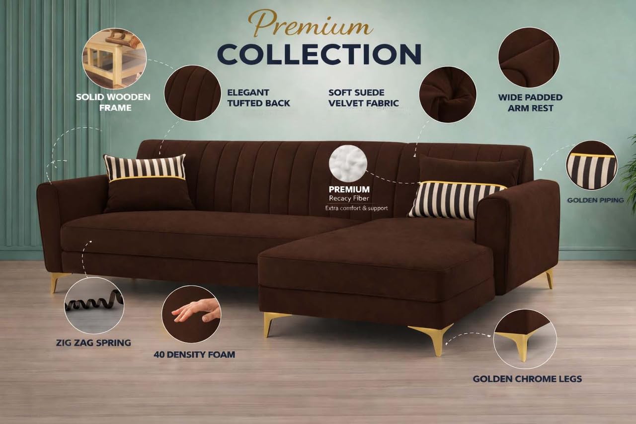 Adorn India Premium Luster 8 Seater L Shape Sofa Set with 2 Puffy & 1 Center Table | Velvet Suede Fabric | 3-Year Warranty | RHS | Brown with Golden Legs & Striped Pattern Cushion