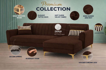 Adorn India Premium Luster 8 Seater L Shape Sofa Set with 2 Puffy & 1 Center Table | Velvet Suede Fabric | 3-Year Warranty | RHS | Brown with Golden Legs & Striped Pattern Cushion