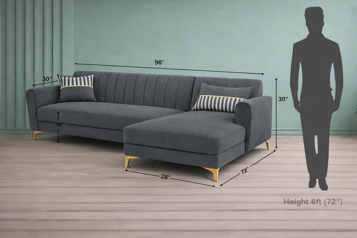 Premium Luster 8 Seater L Shape Sofa Set with 2 Puffy & 1 Center Table | Velvet Suede Fabric | 3-Year Warranty | RHS | Dark Grey with Golden Legs & Striped Pattern Cushion