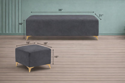 Premium Luster 8 Seater L Shape Sofa Set with 2 Puffy & 1 Center Table | Velvet Suede Fabric | 3-Year Warranty | RHS | Dark Grey with Golden Legs & Striped Pattern Cushion