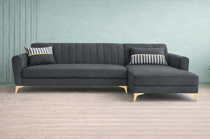 Premium Luster 8 Seater L Shape Sofa Set with 2 Puffy & 1 Center Table | Velvet Suede Fabric | 3-Year Warranty | RHS | Dark Grey with Golden Legs & Striped Pattern Cushion