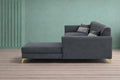 Adorn India Premium Luster 8 Seater L Shape Sofa Set with 2 Puffy & 1 Center Table | Velvet Suede Fabric | 3-Year Warranty | RHS | Dark Grey with Golden Legs & Striped Pattern Cushion