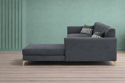 Premium Luster 8 Seater L Shape Sofa Set with 2 Puffy & 1 Center Table | Velvet Suede Fabric | 3-Year Warranty | RHS | Dark Grey with Golden Legs & Striped Pattern Cushion