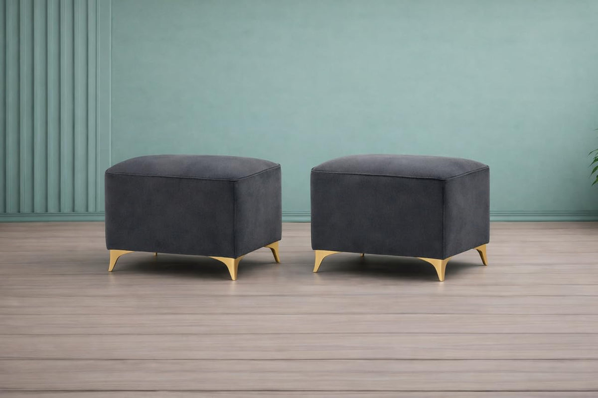 Premium Luster 8 Seater L Shape Sofa Set with 2 Puffy & 1 Center Table | Velvet Suede Fabric | 3-Year Warranty | RHS | Dark Grey with Golden Legs & Striped Pattern Cushion