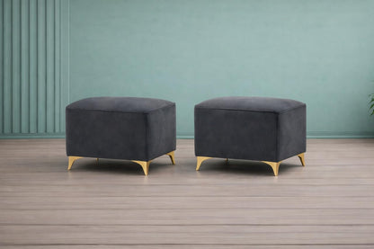 Premium Luster 8 Seater L Shape Sofa Set with 2 Puffy & 1 Center Table | Velvet Suede Fabric | 3-Year Warranty | RHS | Dark Grey with Golden Legs & Striped Pattern Cushion
