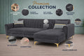 Adorn India Premium Luster 8 Seater L Shape Sofa Set with 2 Puffy & 1 Center Table | Velvet Suede Fabric | 3-Year Warranty | RHS | Dark Grey with Golden Legs & Striped Pattern Cushion