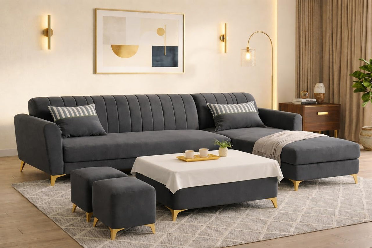 Premium Luster 8 Seater L Shape Sofa Set with 2 Puffy & 1 Center Table | Velvet Suede Fabric | 3-Year Warranty | RHS | Dark Grey with Golden Legs & Striped Pattern Cushion