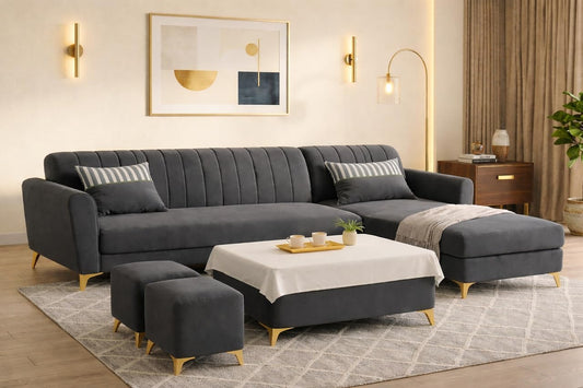 Adorn India Premium Luster 8 Seater L Shape Sofa Set with 2 Puffy & 1 Center Table | Velvet Suede Fabric | 3-Year Warranty | RHS | Dark Grey with Golden Legs & Striped Pattern Cushion