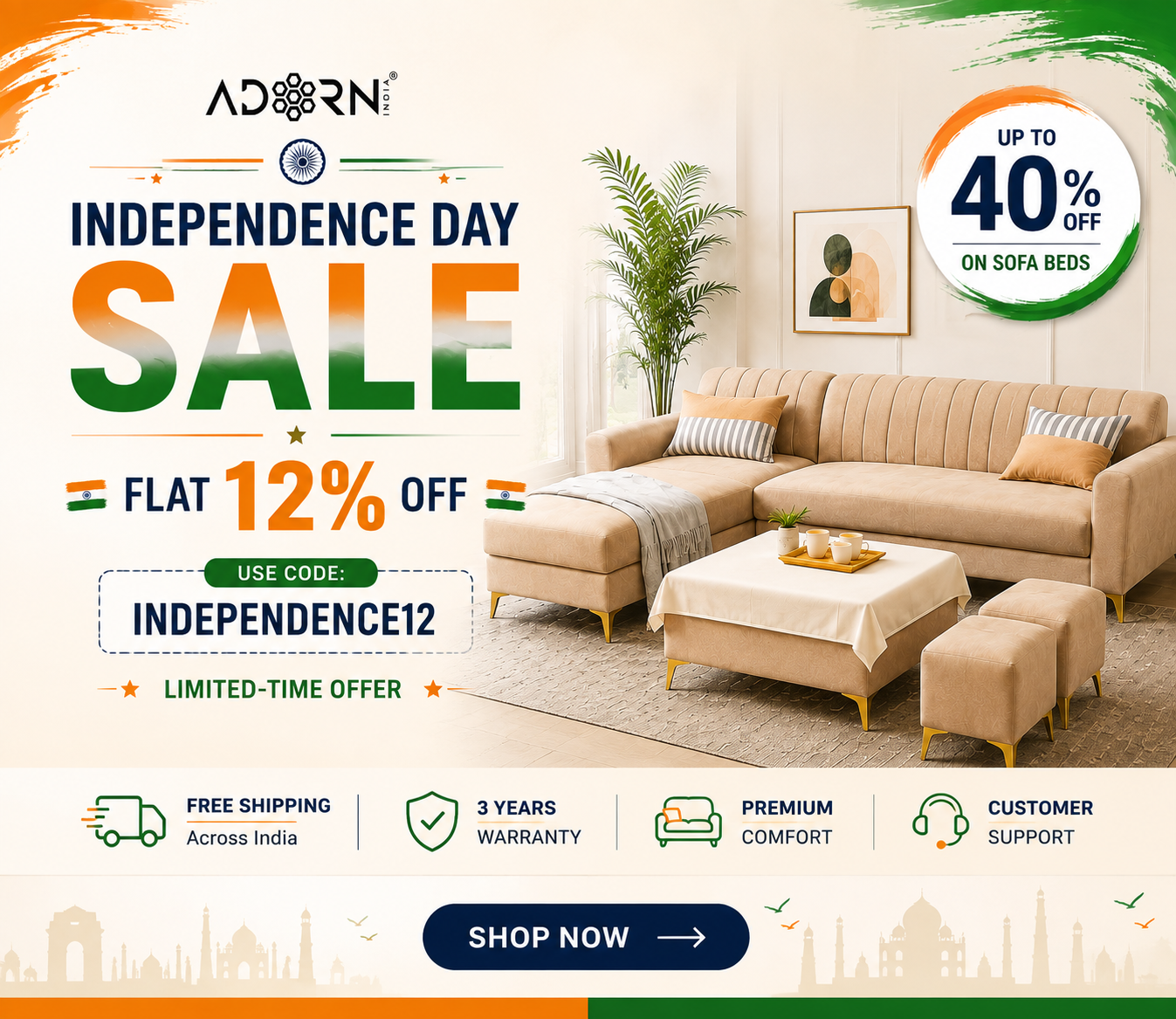 A promotional advertisement banner for Adorni featuring a beige sectional sofa in a modern living room setting, with large text reading 'Independence Day Sale', 'Flat 12% Off', and 'Use Code: Independence12'. The Adorni brand logo is visible at the top, and feature icons at the bottom mention free shipping, 3-year warranty, premium comfort, and customer support.