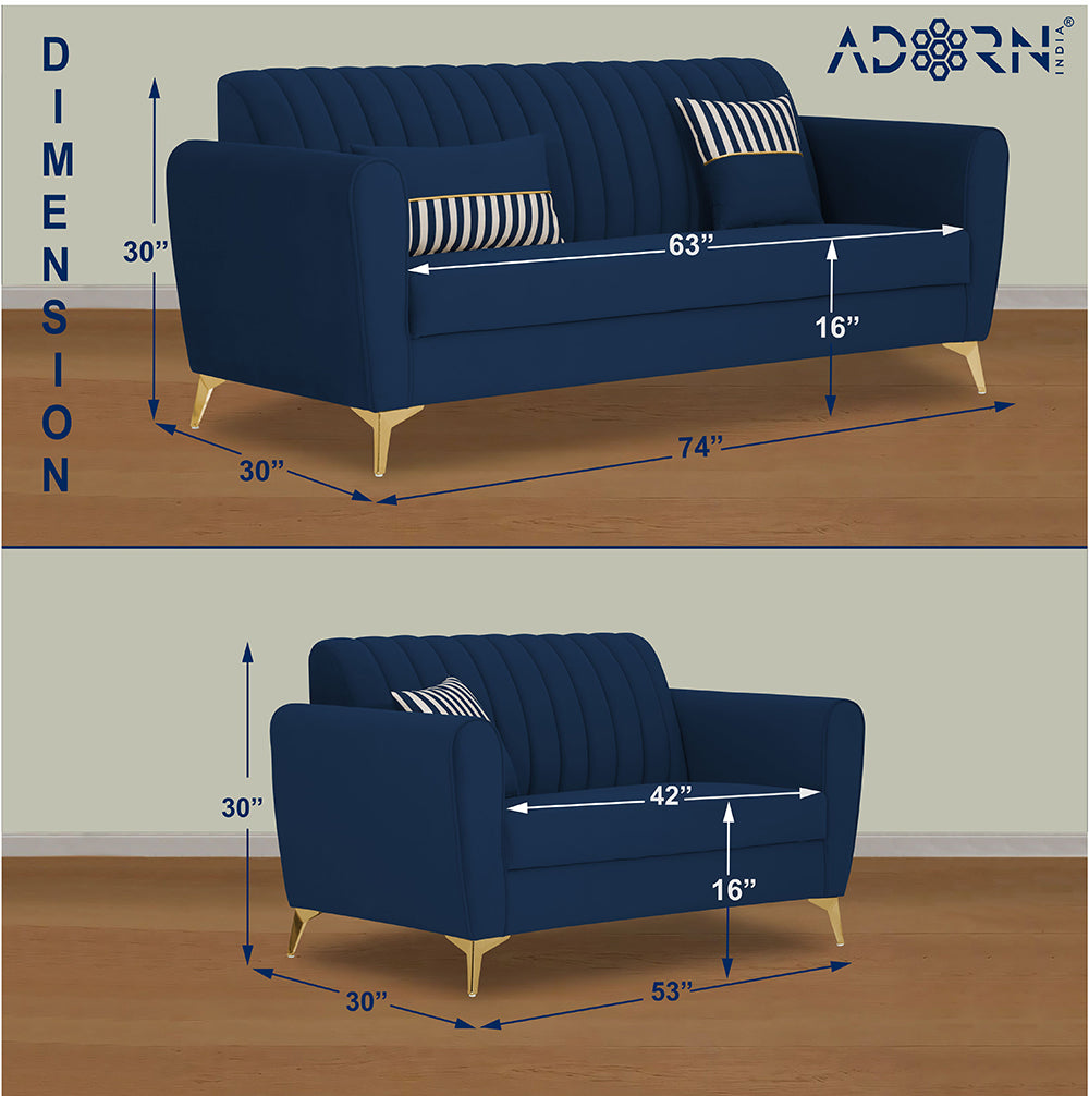 Adorn India Premium Luster 3+2 Sofa Set | Velvet Suede Fabric | 3-Year Warranty | Color Blue with Golden Legs & Striped Pattern Cushion