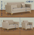 Adorn India Premium Luster 3-2-1 Sofa Set | Velvet Suede Fabric | 3-Year Warranty | Color Beige with Golden Legs & Striped Pattern Cushion